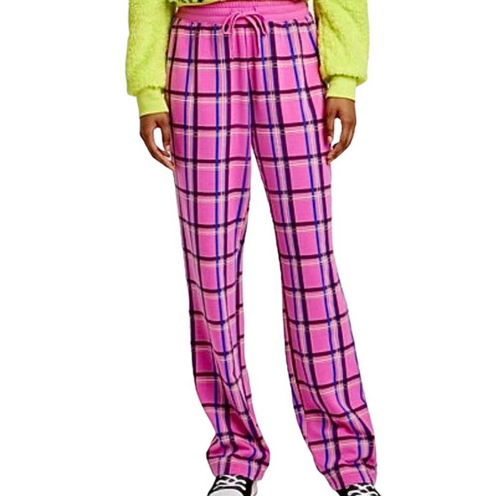 Pink Plaid Fleece Wide Leg Pants